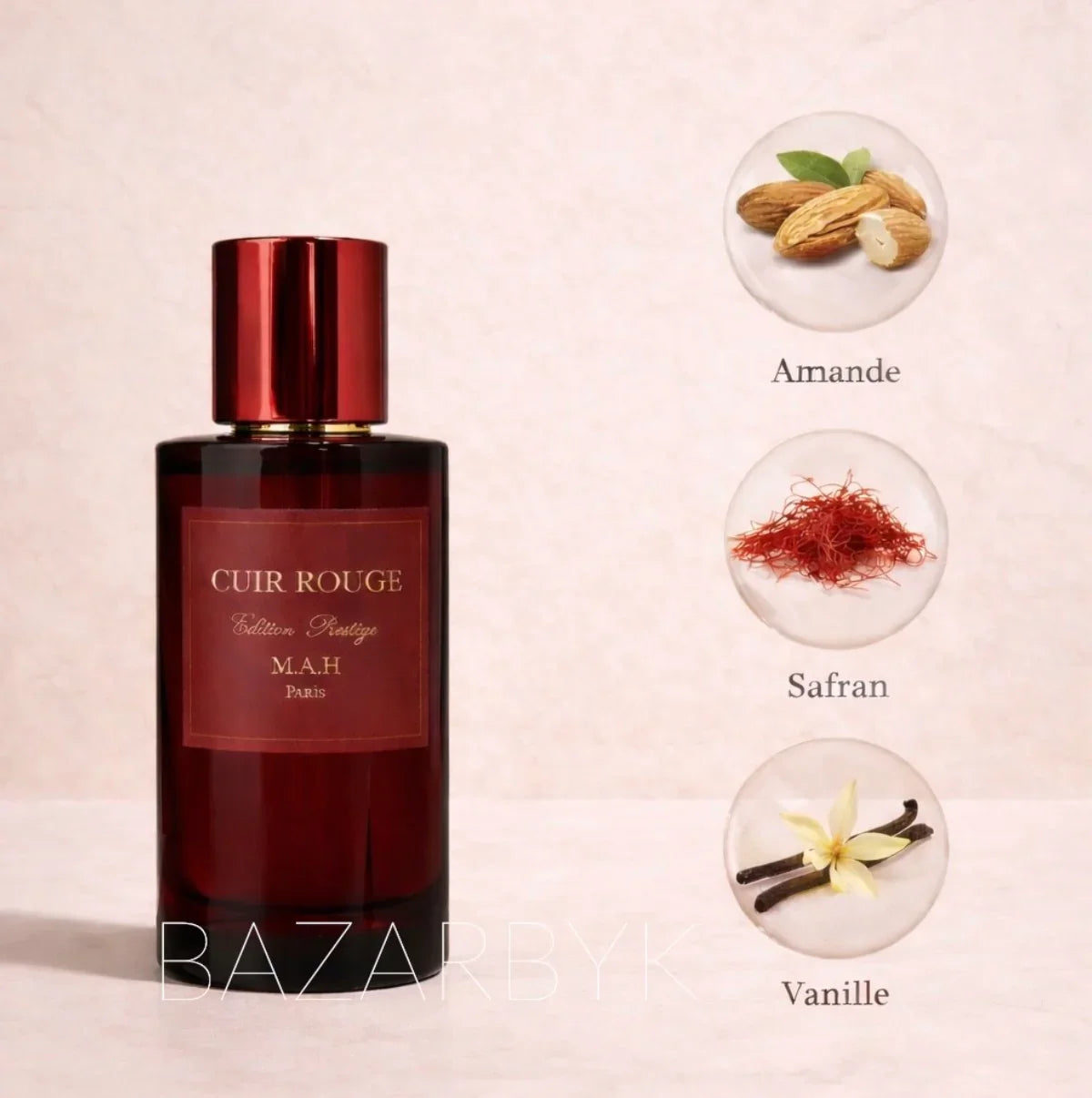 Red Cuir Rouge perfume bottle with notes of almond, saffron, and vanilla on soft background.
